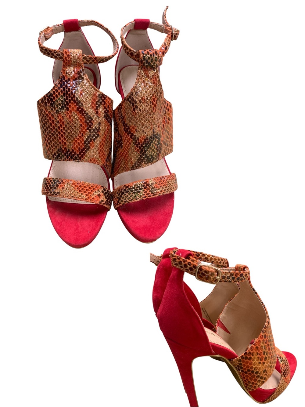 bebe Red Suede & Orange Snake-Print High Heel Sandals